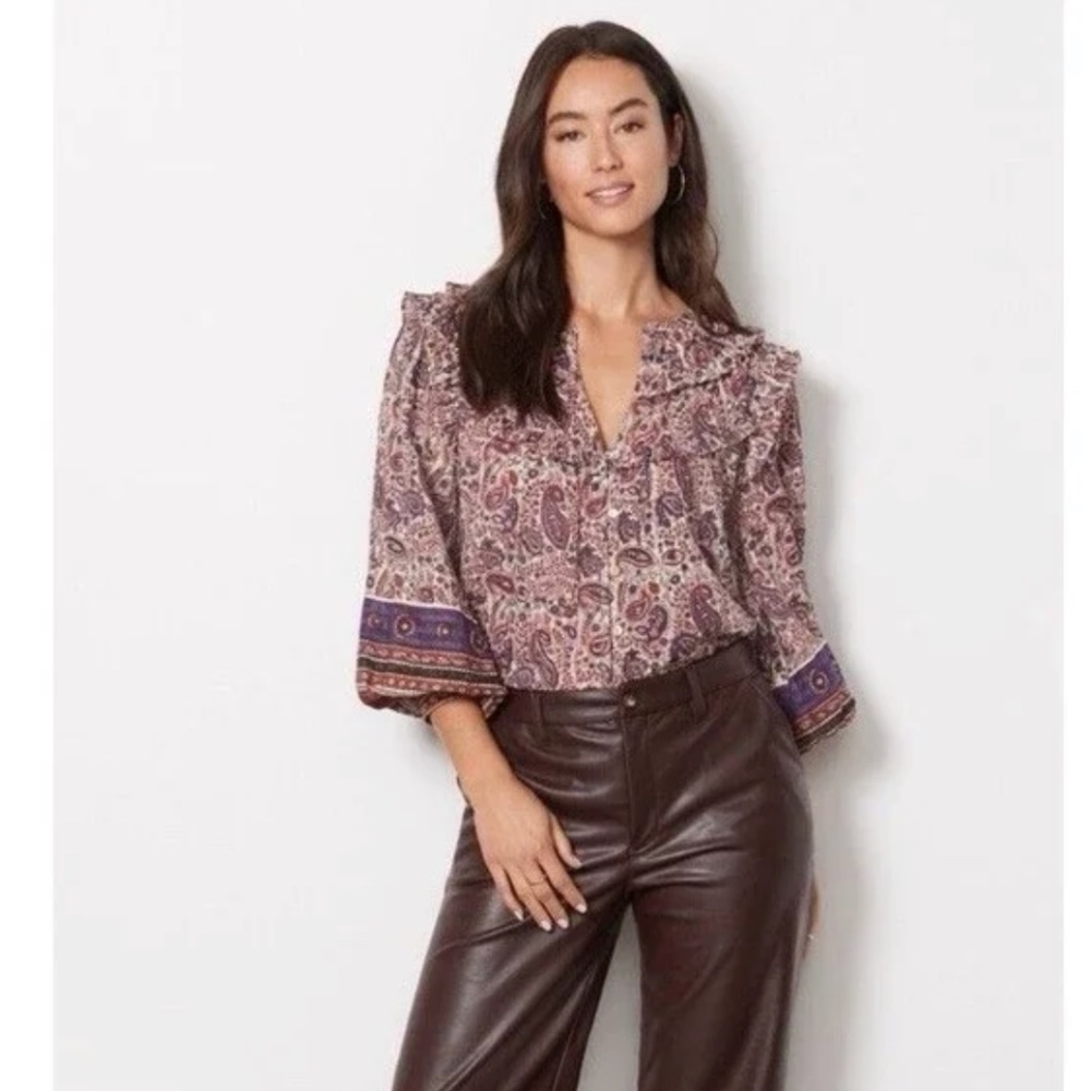 Cleobella Top M Floral Paisley Metallic Button Front Puff Sleeve Samara